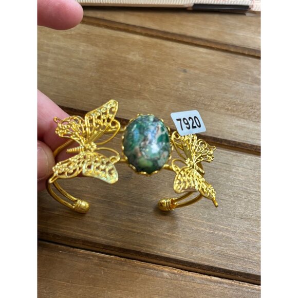 Gold Butterfly Cuff Bracelet With Green Stone Centerpiece Handmade Adjustable Je - Picture 3 of 10